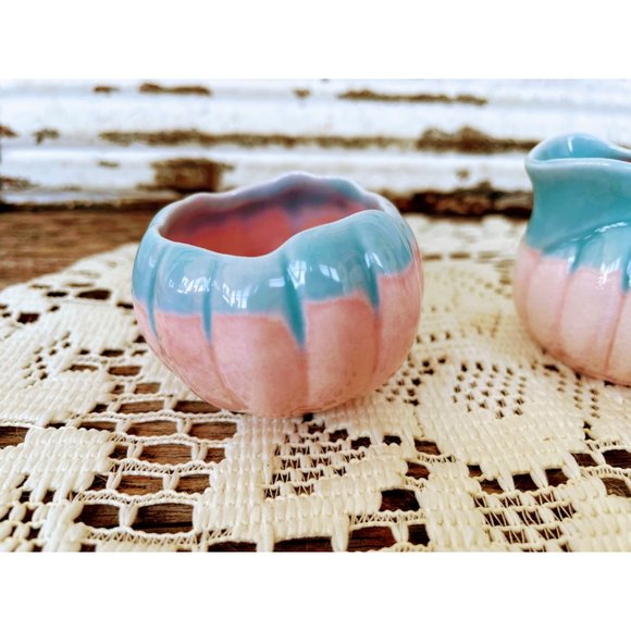Vintage Small Melon Shaped Creamer Sugar Pink Blue - Picture 3 of 9